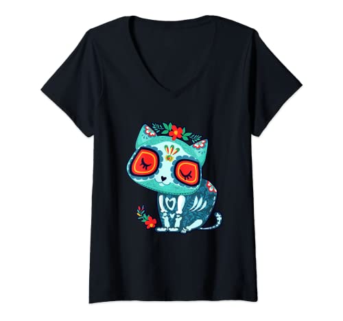 Damen Süßer Zuckerschädel Katze Tag der Toten T-Shirt mit V-Ausschnitt Damen Süßer Zuckerschädel Katze Tag der Toten T-Shirt mit V-Ausschnitt von Funny Dia de los Muertos Tees & Gifts