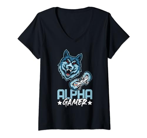Damen Alpha Gamer Buntes Grafik-Wolf-Design T-Shirt mit V-Ausschnitt von Funny Dialogue Graphic Tees Men Women Boys Girls