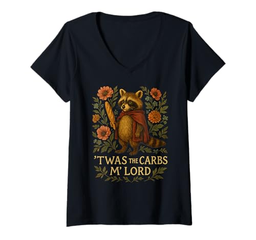 Damen Lustiger TWAS The Carbs M' Lord Raccoon Cottagecore-Sarkasmus T-Shirt mit V-Ausschnitt von Funny Diet Nature Board Gaming Medieval Fantasy co