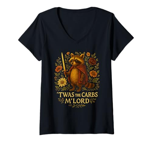 Damen Lustiger TWAS The Carbs M' Lord Raccoon Cottagecore-Sarkasmus T-Shirt mit V-Ausschnitt von Funny Diet Nature Board Gaming Medieval Fantasy co