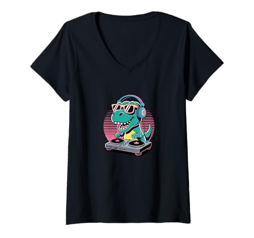 Damen DJ Dino Lustiger Musikliebhaber Dinosaurier Plattenspieler Vibes T-Shirt mit V-Ausschnitt Damen DJ Dino Lustiger Musikliebhaber Dinosaurier Plattenspieler Vibes T-Shirt mit V-Ausschnitt von Funny Dino DJ Music Beat Cartoon Vibes