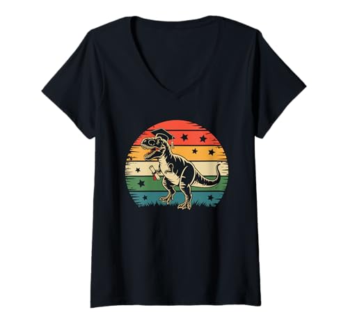 Damen Retro Vintage Sonnenuntergang T-Rex Dinosaurier Abschluss Design Geschenk T-Shirt mit V-Ausschnitt von Funny Dino School Graduation Graphic Boys Girls