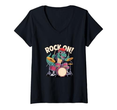 Damen Punk Rock T-Rex Dinosaur Drummer - Funny Percussion Lover T-Shirt mit V-Ausschnitt Damen Punk Rock T-Rex Dinosaur Drummer - Funny Percussion Lover T-Shirt mit V-Ausschnitt von Funny Dinosaur Drummer Gift