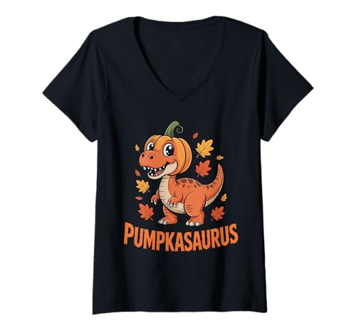 Damen Lustiger Kürbis Dinosaurier Halloween, Kürbis für Kinder Jungen T-Shirt mit V-Ausschnitt von Funny Dinosaur Halloween Boys Costume Gifts