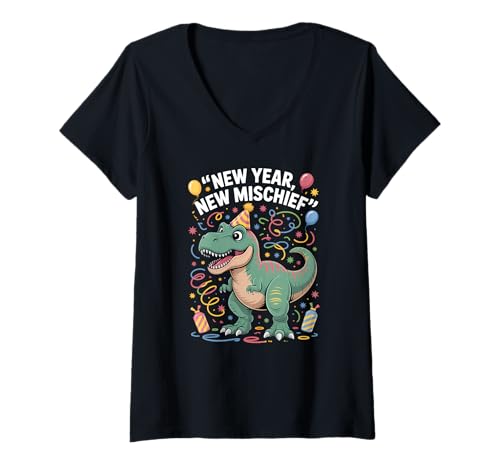 Damen New Year New Mischief Funny T Rex Dinosaurier T-Shirt mit V-Ausschnitt von Funny Dinosaur Party Apparel Gifts by Anastasia