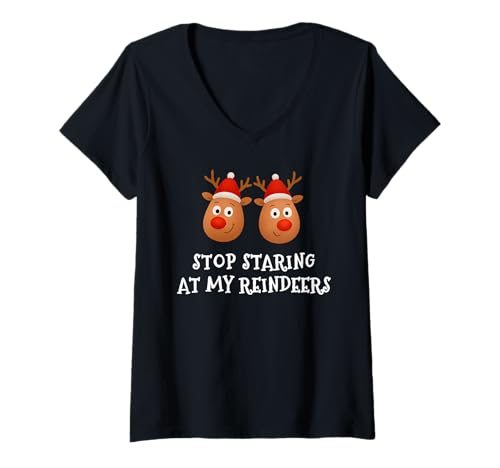 Damen Hör auf, auf Meine Rentierbrüste zu Starren Ugly Gag Xmas Herren Damen T-Shirt mit V-Ausschnitt Damen Hör auf, auf Meine Rentierbrüste zu Starren Ugly Gag Xmas Herren Damen T-Shirt mit V-Ausschnitt von Funny Dirty Christmas Rude Adult Humor Apparel