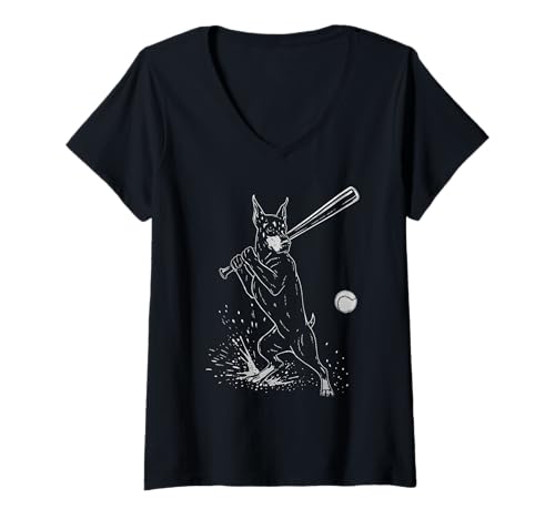 Damen Dobermann Pinscher Baseball Sport Hundeliebhaber T-Shirt mit V-Ausschnitt Damen Dobermann Pinscher Baseball Sport Hundeliebhaber T-Shirt mit V-Ausschnitt von Funny Doberman Baseball Player Dog Designs