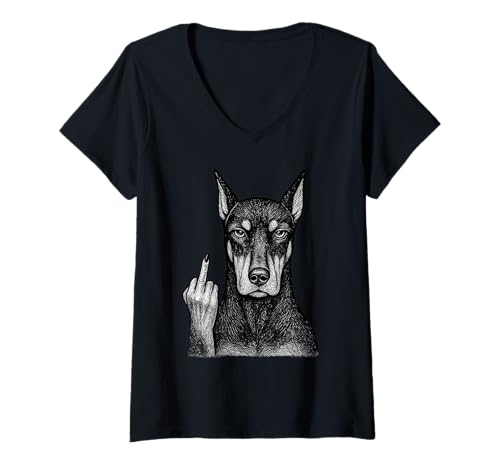 Damen Dobermann Pinscher Mittelfinger sarkastischer Hundeliebhaber T-Shirt mit V-Ausschnitt Damen Dobermann Pinscher Mittelfinger sarkastischer Hundeliebhaber T-Shirt mit V-Ausschnitt von Funny Doberman Flipping Off Dog Designs