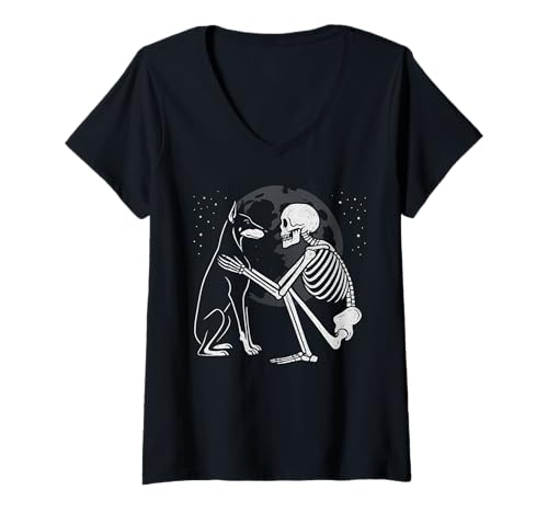 Damen Dobermann Pinscher Skelett Mond Halloween Hundeliebhaber T-Shirt mit V-Ausschnitt Damen Dobermann Pinscher Skelett Mond Halloween Hundeliebhaber T-Shirt mit V-Ausschnitt von Funny Doberman Gothic Dog Designs