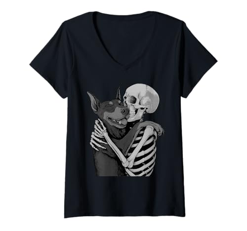 Damen Dobermann Pinscher Skelett Umarmung Halloween Hundeliebhaber T-Shirt mit V-Ausschnitt Damen Dobermann Pinscher Skelett Umarmung Halloween Hundeliebhaber T-Shirt mit V-Ausschnitt von Funny Doberman Gothic Dog Designs