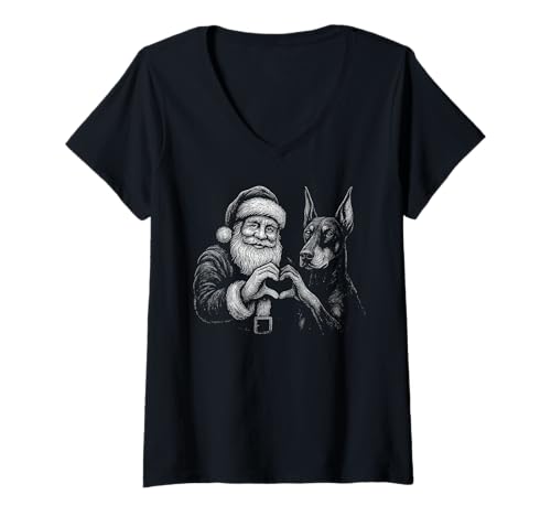 Damen Dobermann Pinscher Weihnachtsmann Herzform Weihnachtshund T-Shirt mit V-Ausschnitt Damen Dobermann Pinscher Weihnachtsmann Herzform Weihnachtshund T-Shirt mit V-Ausschnitt von Funny Doberman Holiday Dog Designs