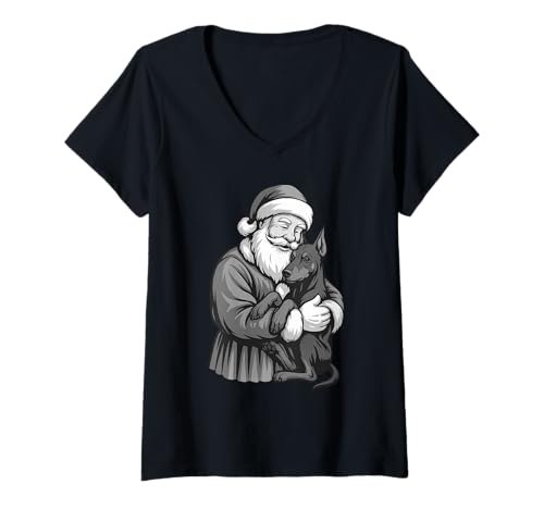 Damen Dobermann Pinscher Weihnachtsmann Weihnachten Hundeliebhaber T-Shirt mit V-Ausschnitt Damen Dobermann Pinscher Weihnachtsmann Weihnachten Hundeliebhaber T-Shirt mit V-Ausschnitt von Funny Doberman Holiday Dog Designs