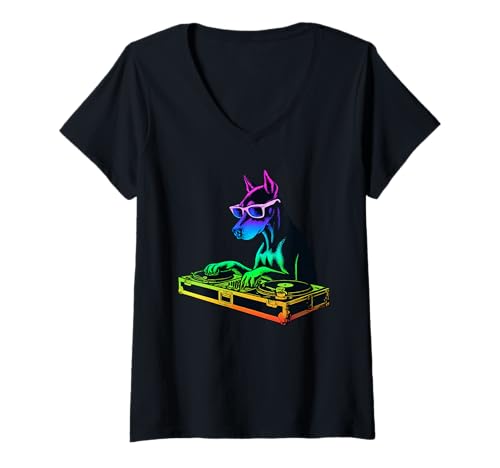 Damen Dobermann Pinscher DJ Musik Party Hundeliebhaber T-Shirt mit V-Ausschnitt Damen Dobermann Pinscher DJ Musik Party Hundeliebhaber T-Shirt mit V-Ausschnitt von Funny Doberman House Music Dog Designs