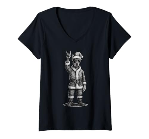 Damen Dobermann Pinscher Rockmusik Weihnachten Hundeliebhaber T-Shirt mit V-Ausschnitt Damen Dobermann Pinscher Rockmusik Weihnachten Hundeliebhaber T-Shirt mit V-Ausschnitt von Funny Doberman Rock And Roll Dog Designs