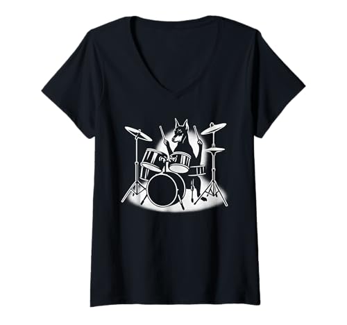 Damen Dobermann Pinscher Schlagzeug Schlagzeuger Hundeliebhaber T-Shirt mit V-Ausschnitt Damen Dobermann Pinscher Schlagzeug Schlagzeuger Hundeliebhaber T-Shirt mit V-Ausschnitt von Funny Doberman Rock And Roll Dog Designs