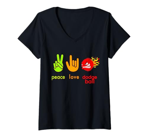 Damen Peace Love Dodgeball Humor Sport Spiel T-Shirt mit V-Ausschnitt von Funny Dodgeball Lovers Gift Idea Tees