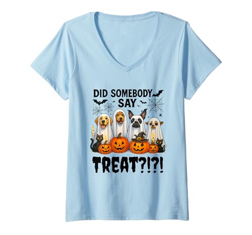 Damen Did Somebody Say Treat Ghost Dogs Lovers Funny Halloween T-Shirt mit V-Ausschnitt Damen Did Somebody Say Treat Ghost Dogs Lovers Funny Halloween T-Shirt mit V-Ausschnitt von Funny Dog Lover Halloween Costume