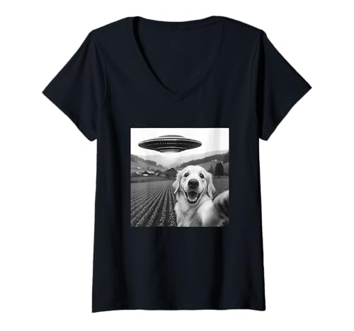 Damen Golden Retriever Selfie mit Alien UFO Lustig für Männer Frauen T-Shirt mit V-Ausschnitt von Funny Dog Selfie Graphic Tees