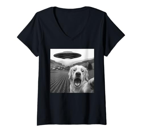Damen Shock Golden Retriever Selfie mit Alien UFO für Männer und Frauen T-Shirt mit V-Ausschnitt von Funny Dog Selfie Graphic Tees
