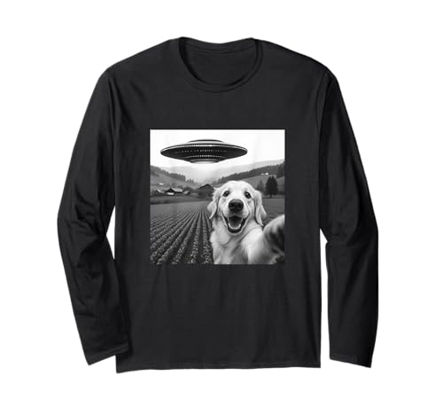 Golden Retriever Selfie mit Alien UFO Lustig für Männer Frauen Langarmshirt von Funny Dog Selfie Graphic Tees