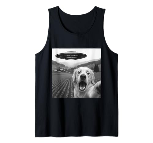 Shock Golden Retriever Selfie mit Alien UFO für Männer und Frauen Tank Top von Funny Dog Selfie Graphic Tees
