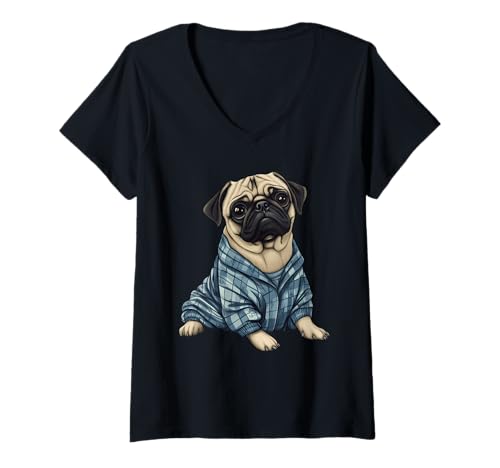 Damen Funny Dog Pug Wearing Pajamas T-Shirt mit V-Ausschnitt Damen Funny Dog Pug Wearing Pajamas T-Shirt mit V-Ausschnitt von Funny Dog Wearing Pajamas Apparel