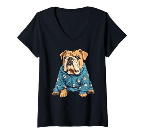 Damen Funny English Bulldog Dog Wearing Pajamas T-Shirt mit V-Ausschnitt von Funny Dog Wearing Pajamas Apparel