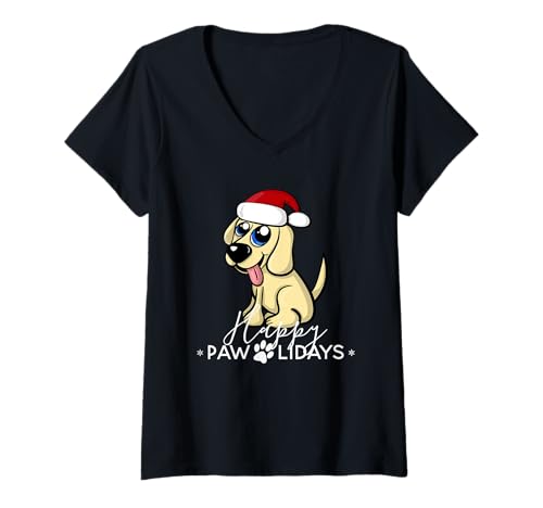 Damen Happy Pawlidays Golden Retriever Weihnachten Hund Humor T-Shirt mit V-Ausschnitt Damen Happy Pawlidays Golden Retriever Weihnachten Hund Humor T-Shirt mit V-Ausschnitt von Funny Dog Xmas Labrador Holiday Happy Pawlidays