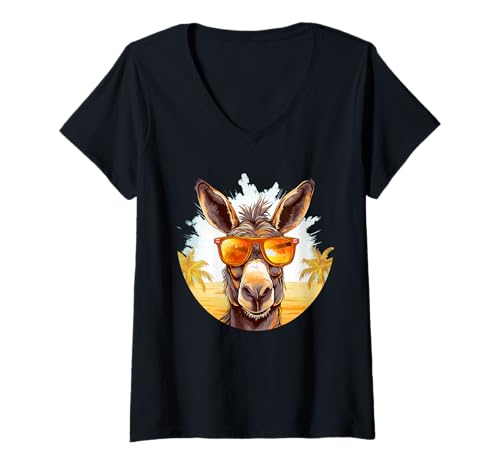 Damen Lustige Palmen Esel mit Sonnenbrille für Maultier und Esel T-Shirt mit V-Ausschnitt Damen Lustige Palmen Esel mit Sonnenbrille für Maultier und Esel T-Shirt mit V-Ausschnitt von Funny Donkey with Sunglasses