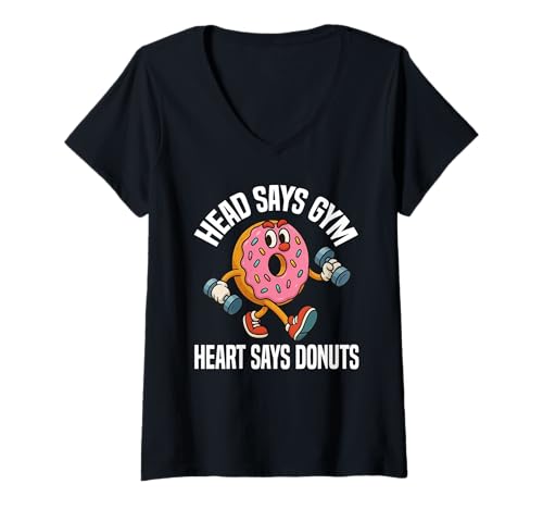 Damen Der Kopf sagt, das Herz sagt, dass Donuts Fitness-Training, Donut-Liebhaber T-Shirt mit V-Ausschnitt Damen Der Kopf sagt, das Herz sagt, dass Donuts Fitness-Training, Donut-Liebhaber T-Shirt mit V-Ausschnitt von Funny Donut & Weightlifting Gifts Men Women Kids