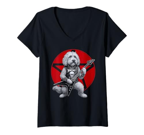 Damen Goldendoodle Heavy Metal-Gitarre, Rock, Hundeliebhaber T-Shirt mit V-Ausschnitt Damen Goldendoodle Heavy Metal-Gitarre, Rock, Hundeliebhaber T-Shirt mit V-Ausschnitt von Funny Doodle Death Metal Music Dog Designs