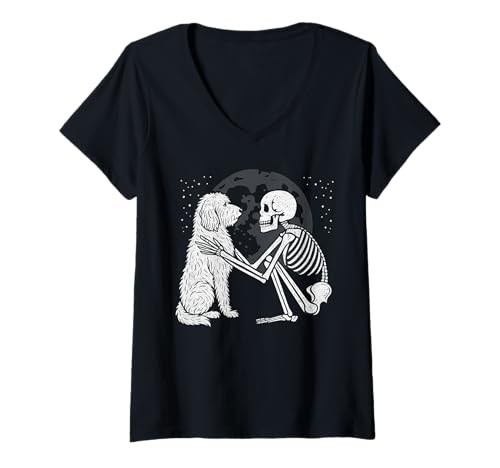 Damen Goldendoodle Skelett Mond Halloween Hundeliebhaber T-Shirt mit V-Ausschnitt Damen Goldendoodle Skelett Mond Halloween Hundeliebhaber T-Shirt mit V-Ausschnitt von Funny Doodle Gothic Dog Designs