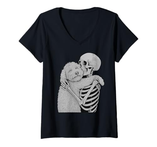 Damen Goldendoodle Skelett Umarmung Halloween Hundeliebhaber T-Shirt mit V-Ausschnitt Damen Goldendoodle Skelett Umarmung Halloween Hundeliebhaber T-Shirt mit V-Ausschnitt von Funny Doodle Gothic Dog Designs