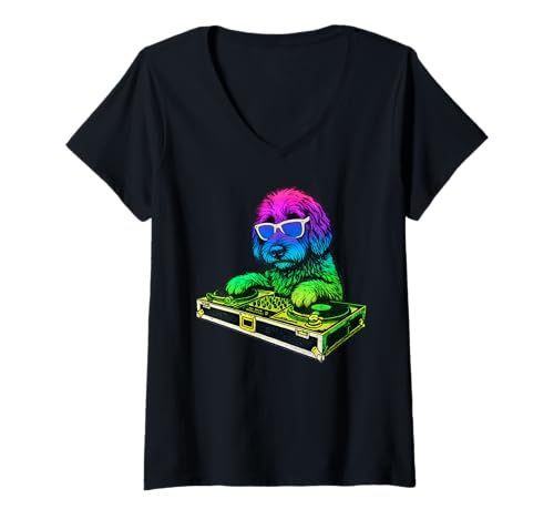 Damen Goldendoodle DJ Musik Party Hundeliebhaber T-Shirt mit V-Ausschnitt Damen Goldendoodle DJ Musik Party Hundeliebhaber T-Shirt mit V-Ausschnitt von Funny Doodle House Music Dog Designs