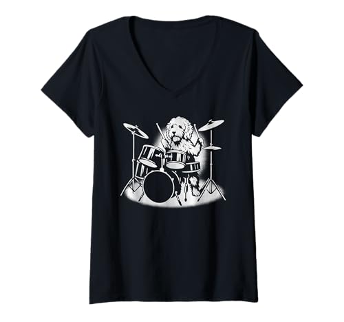 Damen Goldendoodle Schlagzeugspieler, Hundeliebhaber T-Shirt mit V-Ausschnitt Damen Goldendoodle Schlagzeugspieler, Hundeliebhaber T-Shirt mit V-Ausschnitt von Funny Doodle Rock And Roll Dog Designs