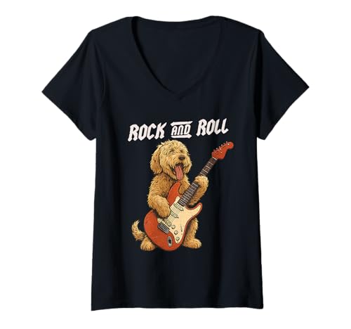 Damen Goldendoodle Rock-and-Roll-Hundeliebhaber mit Gitarre T-Shirt mit V-Ausschnitt Damen Goldendoodle Rock-and-Roll-Hundeliebhaber mit Gitarre T-Shirt mit V-Ausschnitt von Funny Doodle Rock Music Dog Designs
