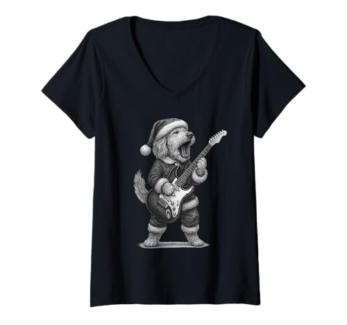 Damen Goldendoodle Spielgitarre Weihnachten Hundeliebhaber T-Shirt mit V-Ausschnitt Damen Goldendoodle Spielgitarre Weihnachten Hundeliebhaber T-Shirt mit V-Ausschnitt von Funny Doodle Rock Music Dog Designs