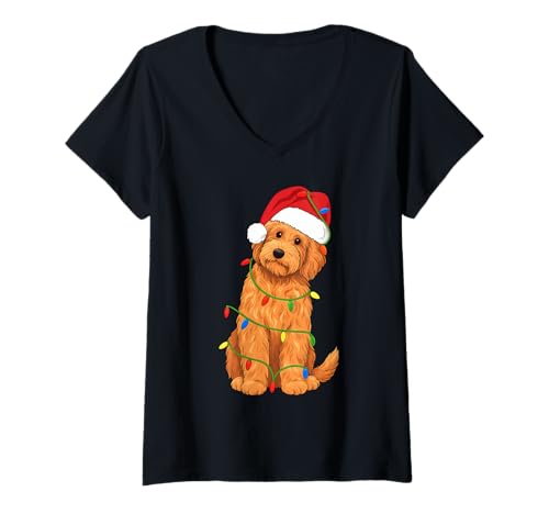 Damen Goldendoodle Weihnachtsbaum-Lichter für Hundeliebhaber T-Shirt mit V-Ausschnitt von Funny Doodle Xmas Tree Dog Designs
