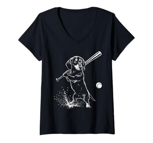 Damen Dackel Baseball Sport Hundeliebhaber T-Shirt mit V-Ausschnitt Damen Dackel Baseball Sport Hundeliebhaber T-Shirt mit V-Ausschnitt von Funny Doxie Baseball Player Dog Designs