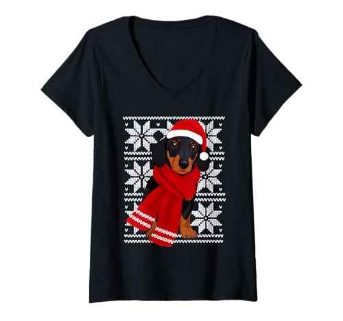 Damen Dackel Hässlicher Weihnachtsfeiertag Hundeliebhaber T-Shirt mit V-Ausschnitt Damen Dackel Hässlicher Weihnachtsfeiertag Hundeliebhaber T-Shirt mit V-Ausschnitt von Funny Doxie Festive Dog Designs
