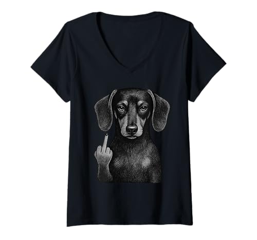 Damen Dackel Mittelfinger sarkastischer Hundeliebhaber T-Shirt mit V-Ausschnitt Damen Dackel Mittelfinger sarkastischer Hundeliebhaber T-Shirt mit V-Ausschnitt von Funny Doxie Flipping Off Dog Designs