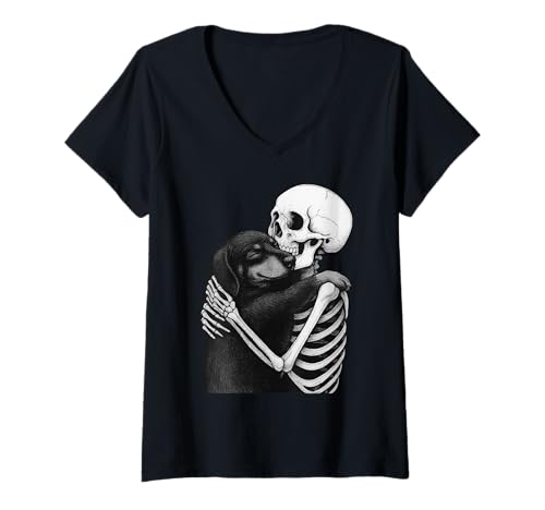 Damen Dackel Skelett Umarmung Halloween Hundeliebhaber T-Shirt mit V-Ausschnitt Damen Dackel Skelett Umarmung Halloween Hundeliebhaber T-Shirt mit V-Ausschnitt von Funny Doxie Gothic Dog Designs