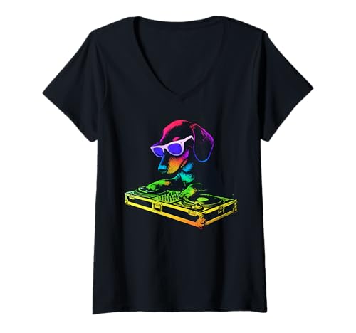 Damen Dackel DJ Musik Party Hundeliebhaber T-Shirt mit V-Ausschnitt von Funny Doxie House Music Dog Designs