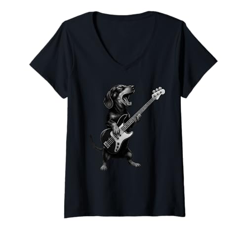 Damen Dackel spielt Bass Gitarre Rock Musik Hundeliebhaber T-Shirt mit V-Ausschnitt Damen Dackel spielt Bass Gitarre Rock Musik Hundeliebhaber T-Shirt mit V-Ausschnitt von Funny Doxie Rock And Roll Dog Designs