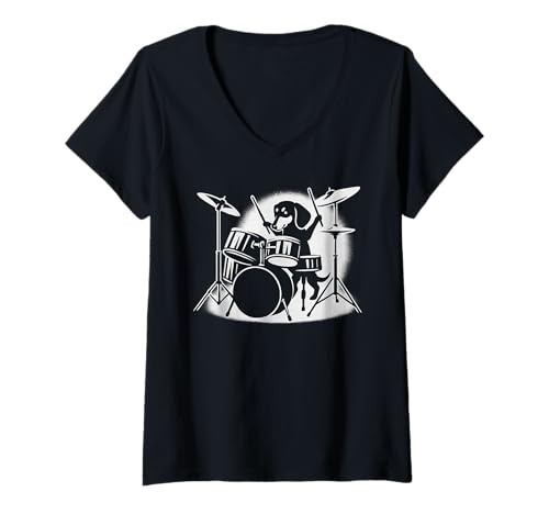 Damen Dackel spielt Schlagzeug Schlagzeuger Hundeliebhaber T-Shirt mit V-Ausschnitt Damen Dackel spielt Schlagzeug Schlagzeuger Hundeliebhaber T-Shirt mit V-Ausschnitt von Funny Doxie Rock And Roll Dog Designs