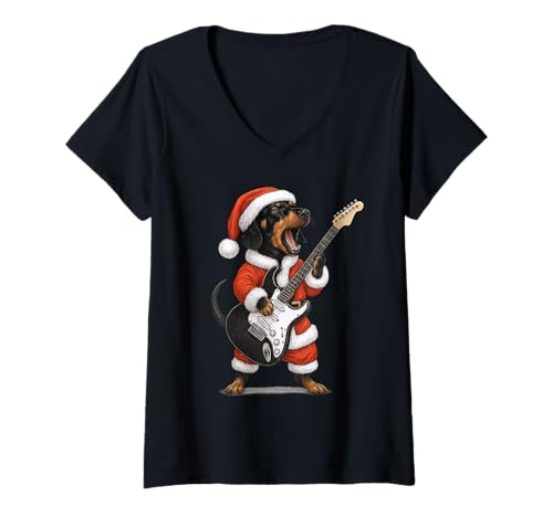 Damen Dackel spielt Gitarre Weihnachten Hundeliebhaber T-Shirt mit V-Ausschnitt von Funny Doxie Rock Music Dog Designs