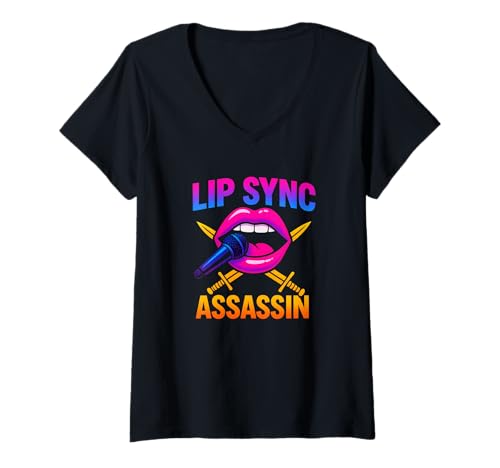 Damen Lip Sync Assassin Funny Drag Queen Performance Neonlippen T-Shirt mit V-Ausschnitt von Funny Drag Queen Merch