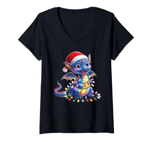 Damen Drachen-Weihnachtsmann-Weihnachtsbaum-Beleuchtung, für Damen und Herren T-Shirt mit V-Ausschnitt Damen Drachen-Weihnachtsmann-Weihnachtsbaum-Beleuchtung, für Damen und Herren T-Shirt mit V-Ausschnitt von Funny Dragon Lovers Christmas Tree Lights Apparel