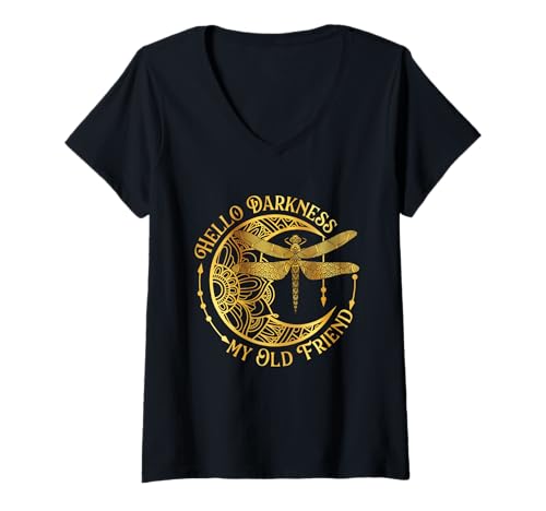 Damen Hello Darkness My Old Friend - Libellenliebhaber Insekten Mond T-Shirt mit V-Ausschnitt von Funny Dragonfly Shirts