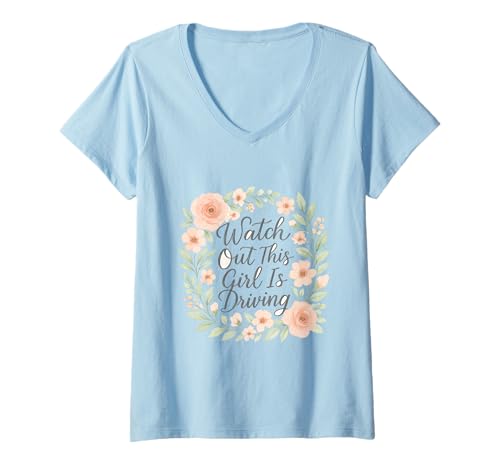 Damen Pass auf, DASS Dieses Mädchen lustige Neue Fahrerinnen fährt T-Shirt mit V-Ausschnitt von Funny Driving Learner New Driver Apparel Co